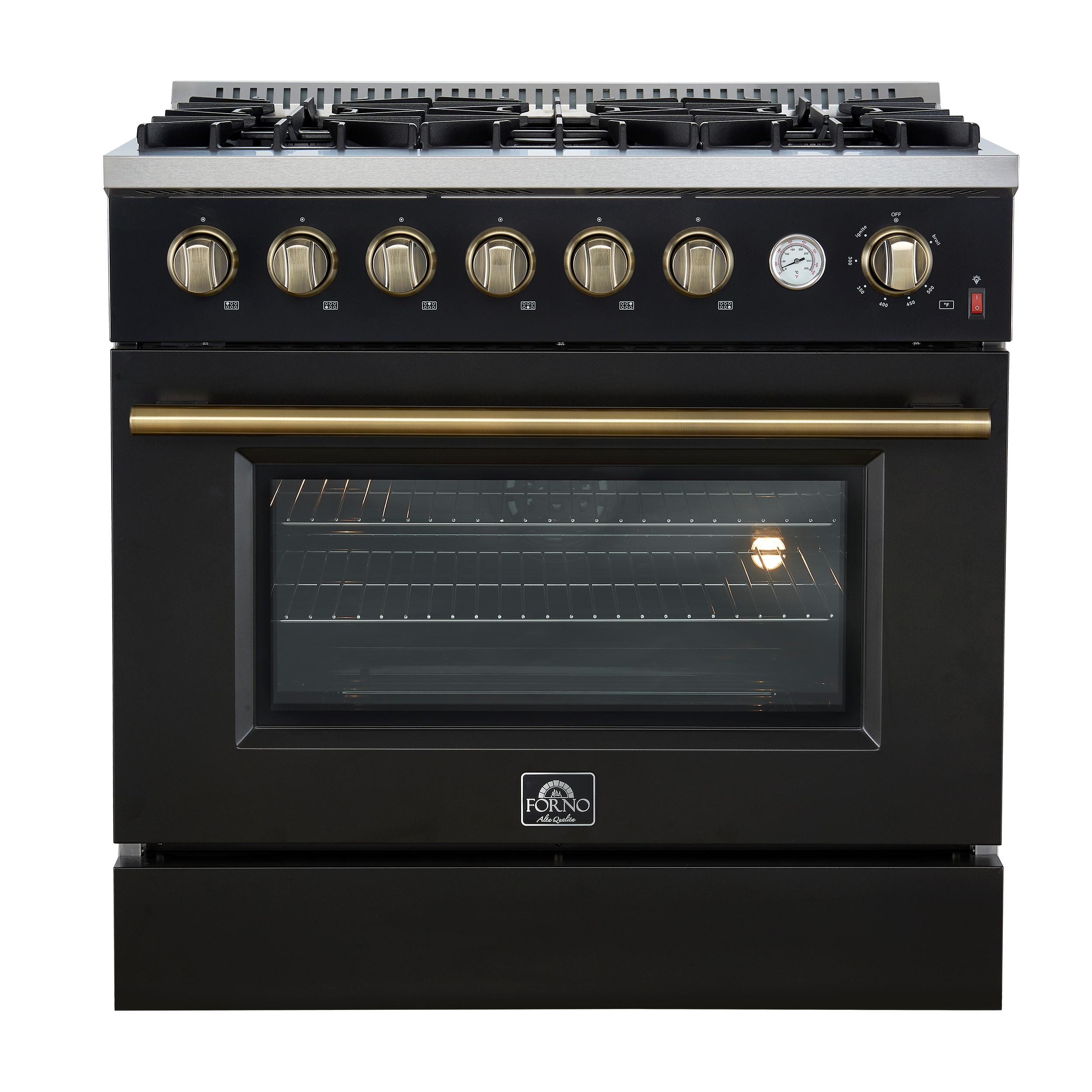 Forno FFSGS627736BLK Marco 36-Inch Gas Range Black & Antique Brass Design, 6 Burners 67,000 Btu, 5.36 Cu.Ft. Convection Oven