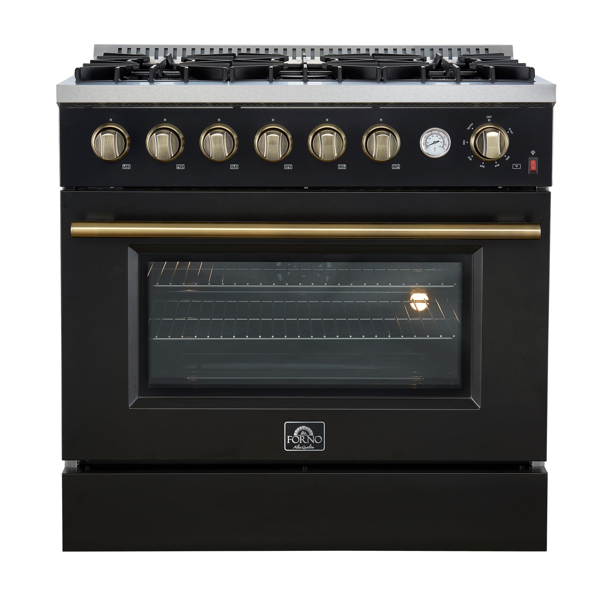 Forno FFSGS627736BLK Marco 36-Inch Gas Range Black & Antique Brass Design, 6 Burners 67,000 Btu, 5.36 Cu.Ft. Convection Oven