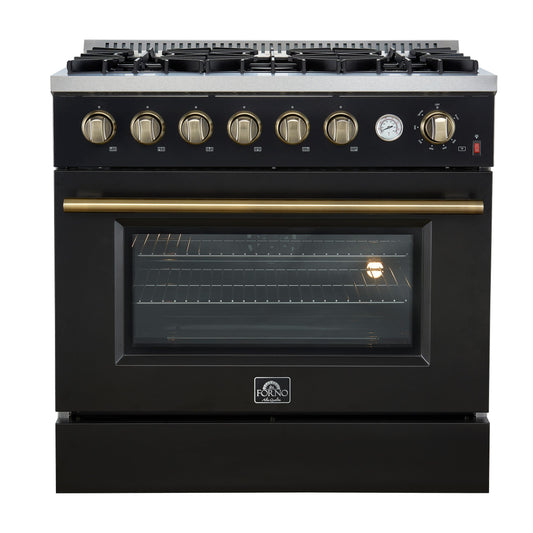 Forno FFSGS627736BLK Marco 36-Inch Gas Range Black & Antique Brass Design, 6 Burners 67,000 Btu, 5.36 Cu.Ft. Convection Oven