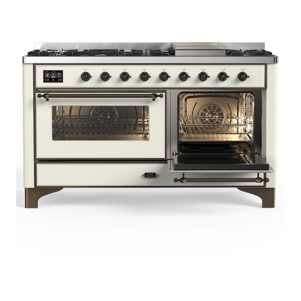 Ilve UM60FNR3AWB Ilve Um60Fnr3Awb Majestic Iii 60 Inch Dual Fuel Range With 9 Burners And Griddle, Dual Function Burner Up To 25,000 Btu (Natural Gas, Triple Glass Door, Antique White, Burnished)