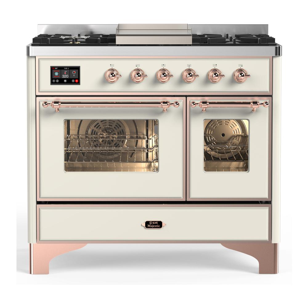 Ilve UMD40FNR3AWP Ilve Umd40Fnr3Awp Majestic Iii 40 Inch Dual Fuel Range With 6 Burners And Griddle, Dual Function Burner Up To 25,000 Btu (Natural Gas, Triple Glass Door, Antique White, Copper)