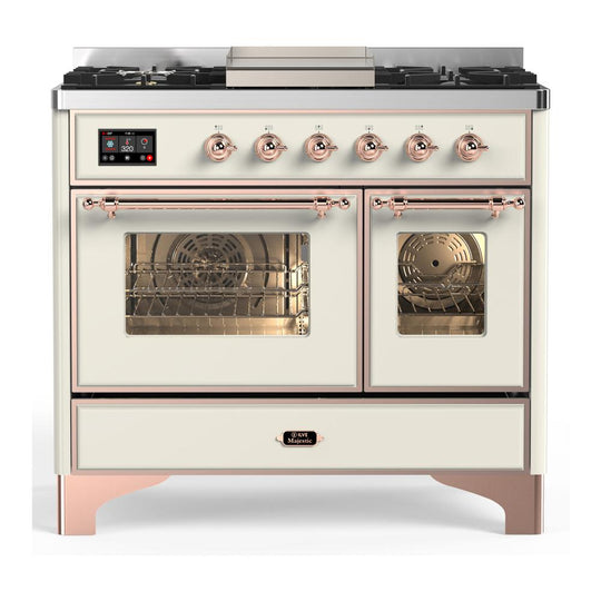 Ilve UMD40FNR3AWP Ilve Umd40Fnr3Awp Majestic Iii 40 Inch Dual Fuel Range With 6 Burners And Griddle, Dual Function Burner Up To 25,000 Btu (Natural Gas, Triple Glass Door, Antique White, Copper)