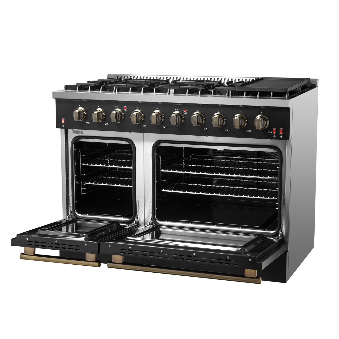 Forno FFSGS624448BLK Forno Galiano 48-Inch Gas Range Black & Antique Brass Design, 8 Burners, 107,000 Btu, Griddle, 6.58 Cu.Ft. Double Ovens