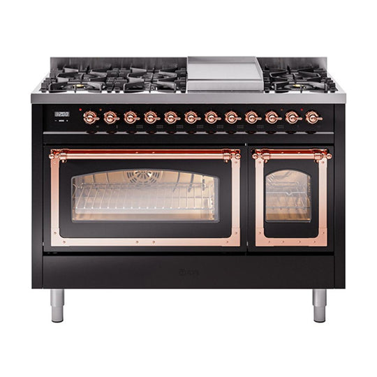Ilve UN48FNMPBKP Ilve Un48Fnmpbkp Nostalgie Ii Noblesse 48" Dual Fuel Range (8 Sealed Burners + Griddle, Natural Gas, Triple Glass Door, Glossy Black, Copper)