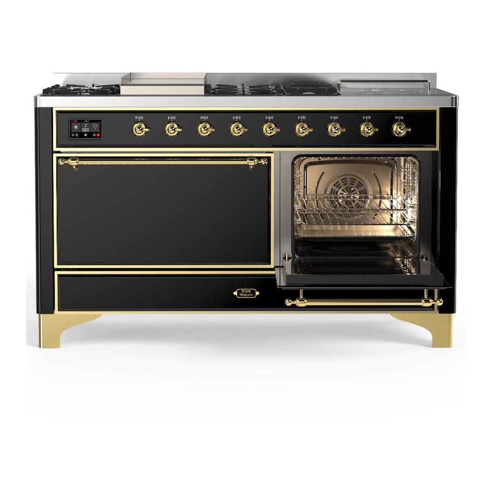 Ilve UM60FSQNR3BKG Ilve Um60Fsqnr3Bkg Majestic Iii 60 Inch Dual Fuel Range With 7 Burners, Griddle And French Top, Dual Function Burner With Up To 25,000 Btu (Natural Gas, Solid Door, Glossy Black, Brass)