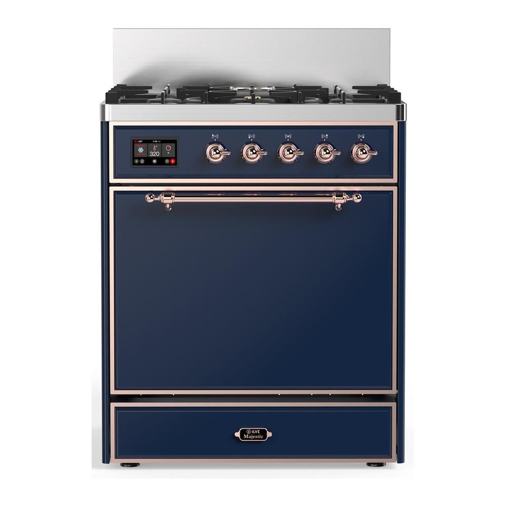 Ilve UM30QNR3MBP Ilve Um30Qnr3Mbp Majestic Iii 30 Inch Dual Fuel Range With 5 Black Brass Burners, Dual Function Burner Up To 25,000 Btu (Natural Gas, Solid Door, Midnight Blue, Copper)