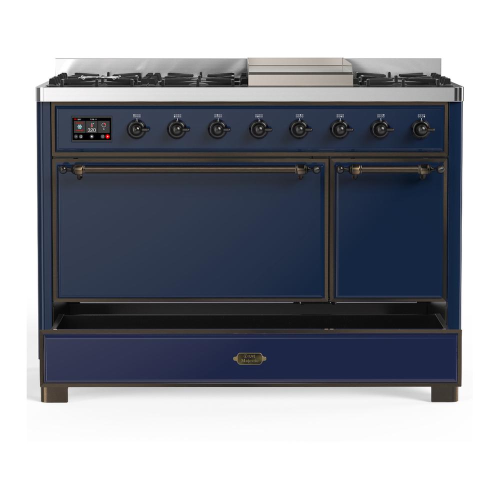 Ilve UM48FQNR3MBB Ilve Um48Fqnr3Mbb Majestic Iii 48 Inch Dual Fuel Range With 8 Burners And Griddle, Dual Function Burner Up To 25,000 Btu (Natural Gas, Solid Door, Midnight Blue, Burnished)