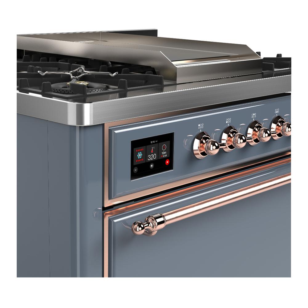 Ilve UM36FQNR3BGPLP Ilve Um36Fqnr3Bgplp Majestic Iii 36 Inch Dual Fuel Range With 6 Black Brass Burners And Griddle, Dual Function Burner Up To 25,000 Btu (Solid Door, Blue Grey, Copper, Liquid Propane)