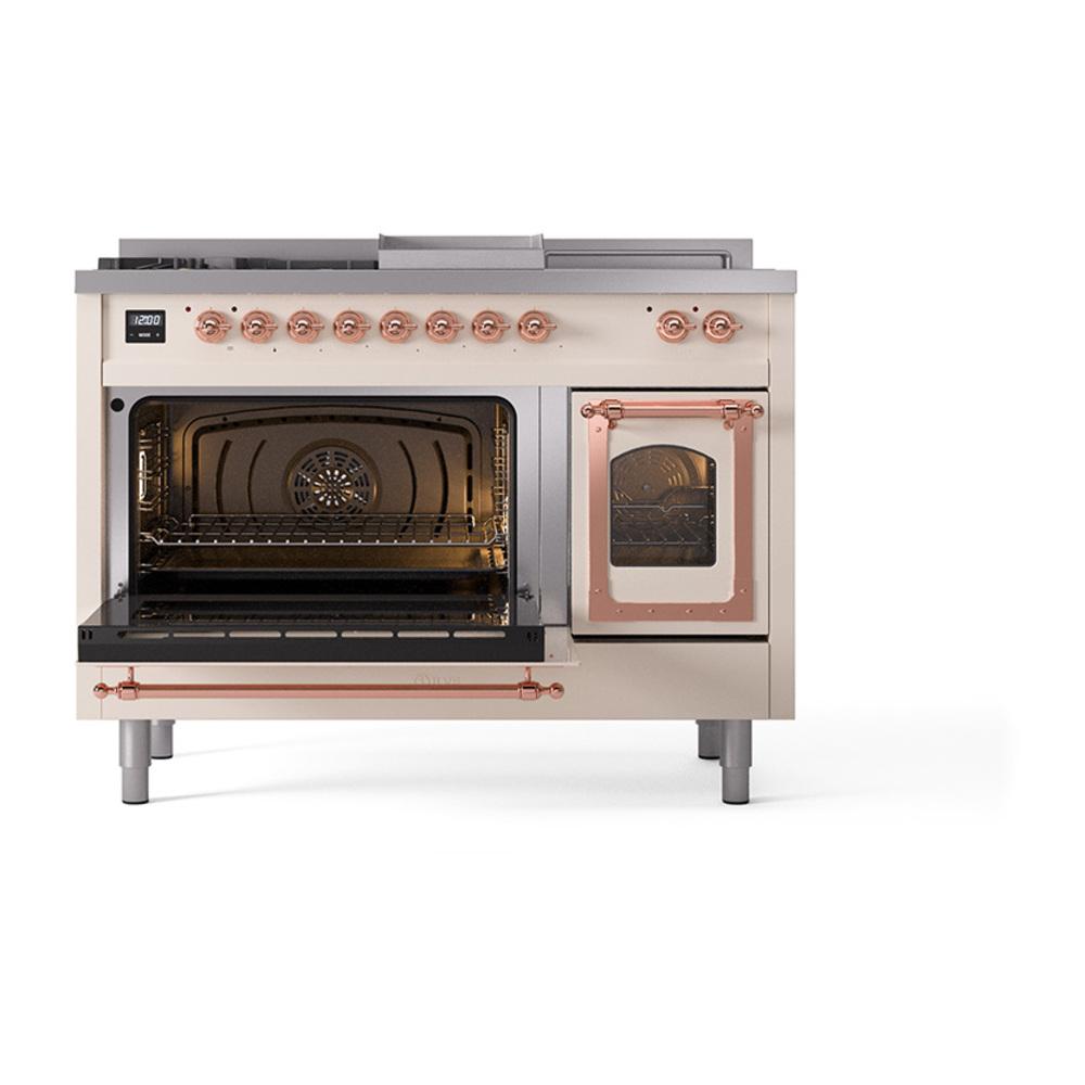 Ilve UN48FSNMPAWPLP Ilve Un48Fsnmpawplp Nostalgie Ii Noblesse 48" Dual Fuel Range (5 Sealed Burners + Griddle + French Top, Liquid Propane, Triple Glass Door, Antique White, Copper)
