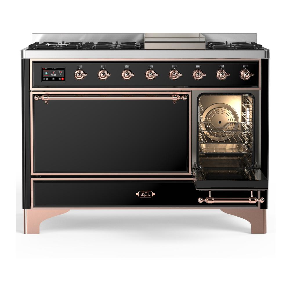 Ilve UM48FQNR3BKPLP Ilve Um48Fqnr3Bkplp Majestic Iii 48 Inch Dual Fuel Range With 8 Burners And Griddle, Dual Function Burner Up To 25,000 Btu (Liquid Propane, Solid Door, Glossy Black, Copper)