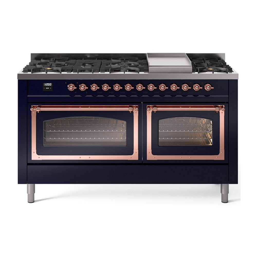 Ilve UN60FNMPMBPLP Ilve Un60Fnmpmbplp Nostalgie Ii Noblesse 60" Dual Fuel Range (9 Sealed Burners + Griddle, Liquid Propane, Triple Glass Door, Midnight Blue, Copper)
