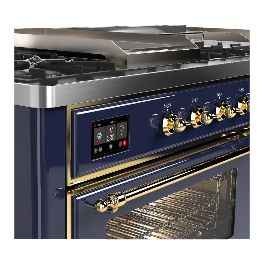 Ilve UM60FSNR3MBGLP Ilve Um60Fsnr3Mbglp Majestic Iii 60 Inch Dual Fuel Range With 7 Burners, Griddle And French Top, Dual Function Burner With Up To 25,000 Btu (Liquid Propane, Triple Glass Door, Midnight Blue, Brass)