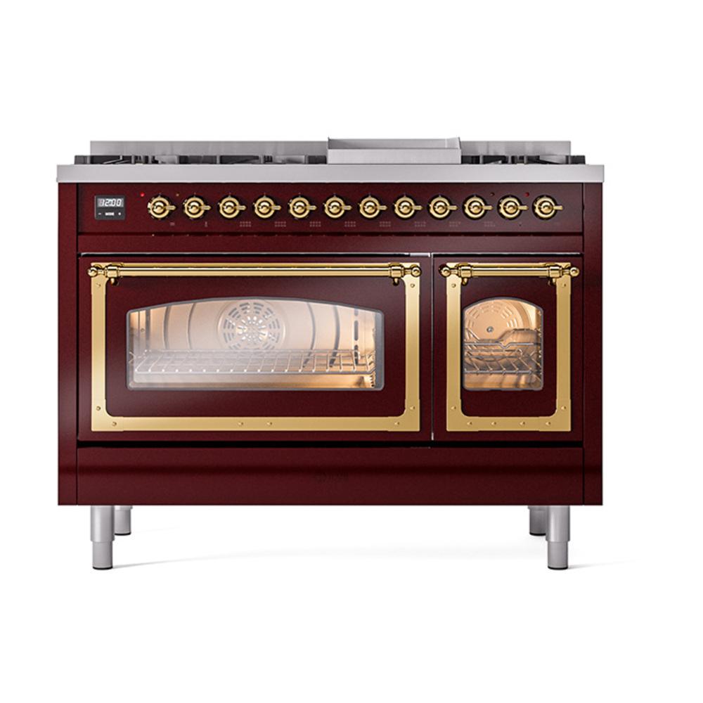 Ilve UN48FNMPBUGLP Ilve Un48Fnmpbuglp Nostalgie Ii Noblesse 48" Dual Fuel Range (8 Sealed Burners + Griddle, Liquid Propane, Triple Glass Door, Burgundy, Brass)