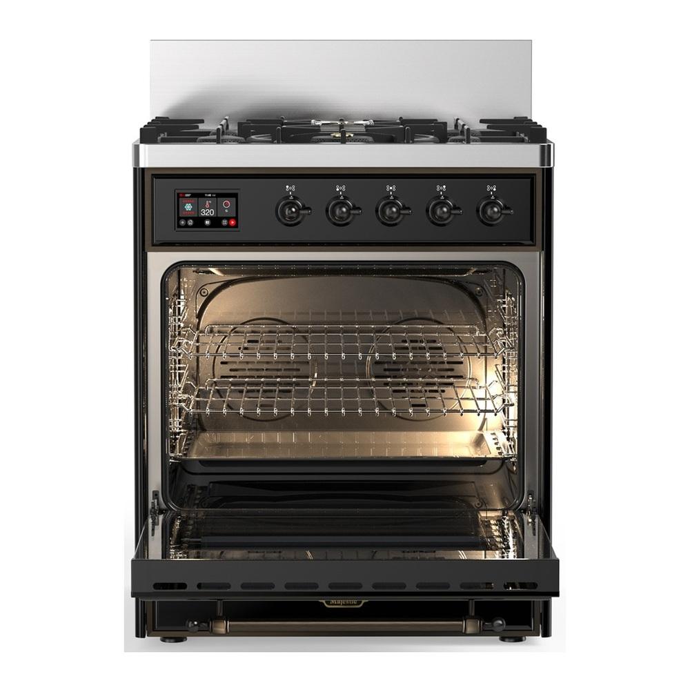 Ilve UM30NR3BKBLP Ilve Um30Nr3Bkblp Majestic Iii 30 Inch Dual Fuel Range With 5 Black Brass Burners, Dual Function Burner Up To 25,000 Btu (Liquid Propane, Triple Glass Door, Glossy Black, Burnished)