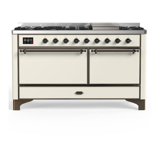 Ilve UM60FQNR3AWB Ilve Um60Fqnr3Awb Majestic Iii 60 Inch Dual Fuel Range With 9 Burners And Griddle, Dual Function Burner Up To 25,000 Btu (Natural Gas, Solid Door, Antique White, Burnished)