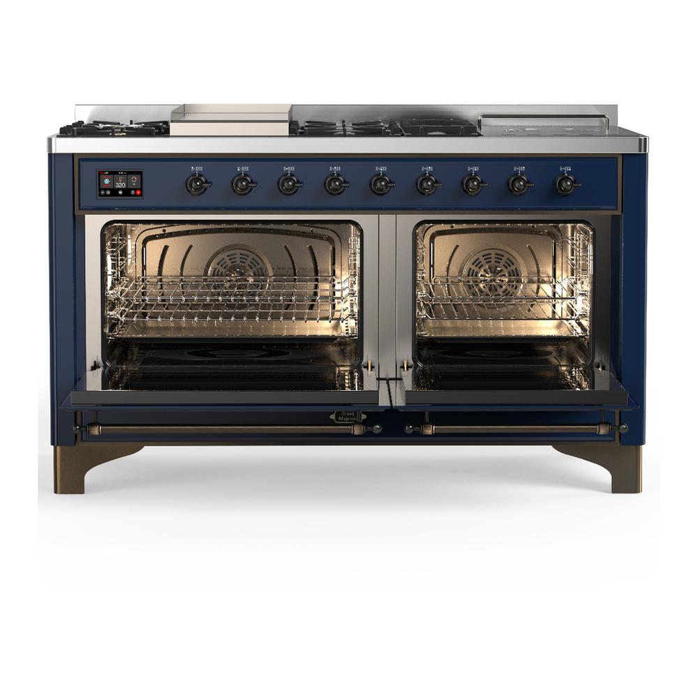 Ilve UM60FSNR3MBBLP Ilve Um60Fsnr3Mbblp Majestic Iii 60 Inch Dual Fuel Range With 7 Burners, Griddle And French Top, Dual Function Burner With Up To 25,000 Btu (Liquid Propane, Triple Glass Door, Midnight Blue, Burnished)