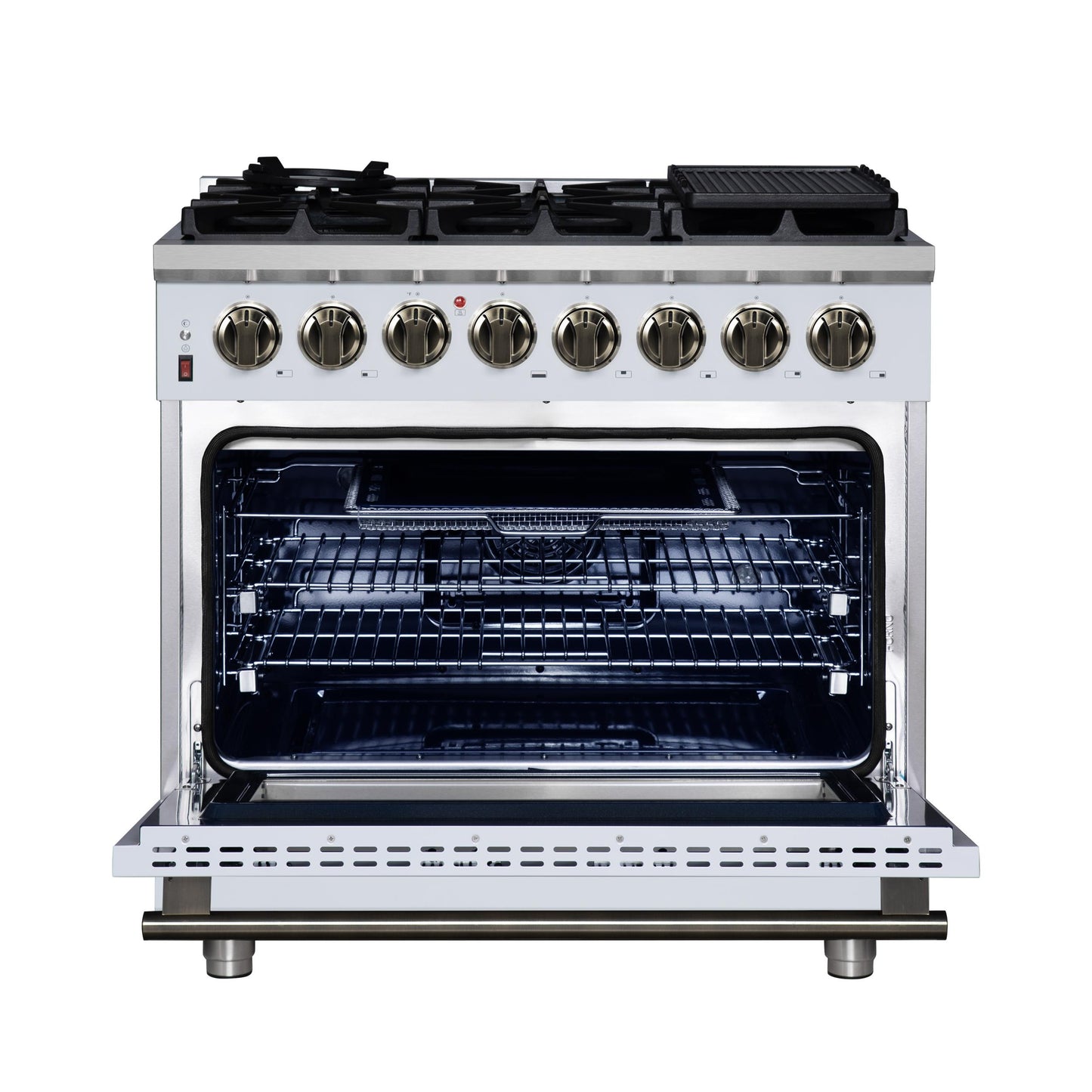 Forno FFSGS612536WHT Forno Massimo 36 Inch Freestanding Dual Fuel Range In White With Antique Brass Accessories, 6 Burners, 5.36 Cu. Ft. Convection Oven