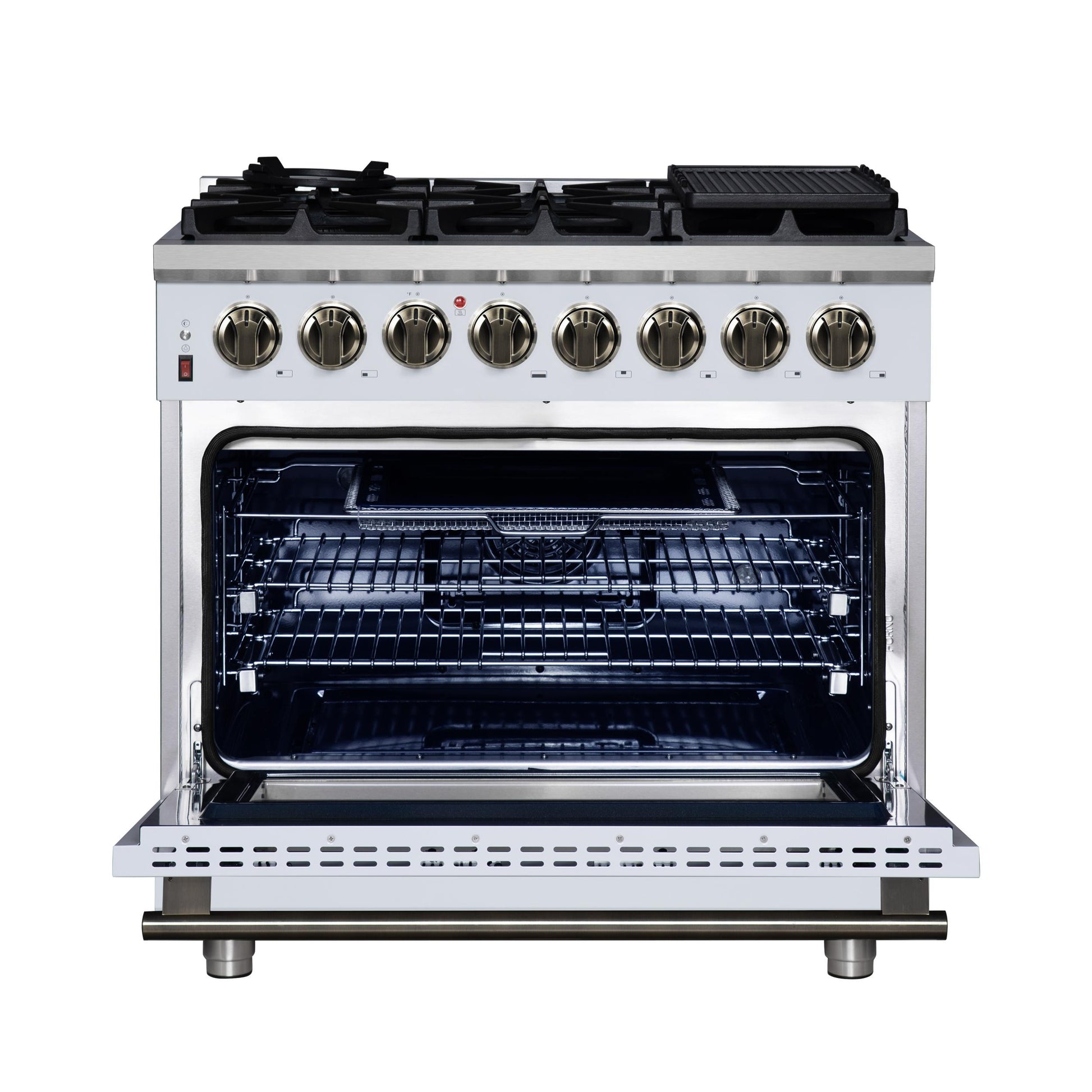 Forno FFSGS612536WHT Forno Massimo 36 Inch Freestanding Dual Fuel Range In White With Antique Brass Accessories, 6 Burners, 5.36 Cu. Ft. Convection Oven
