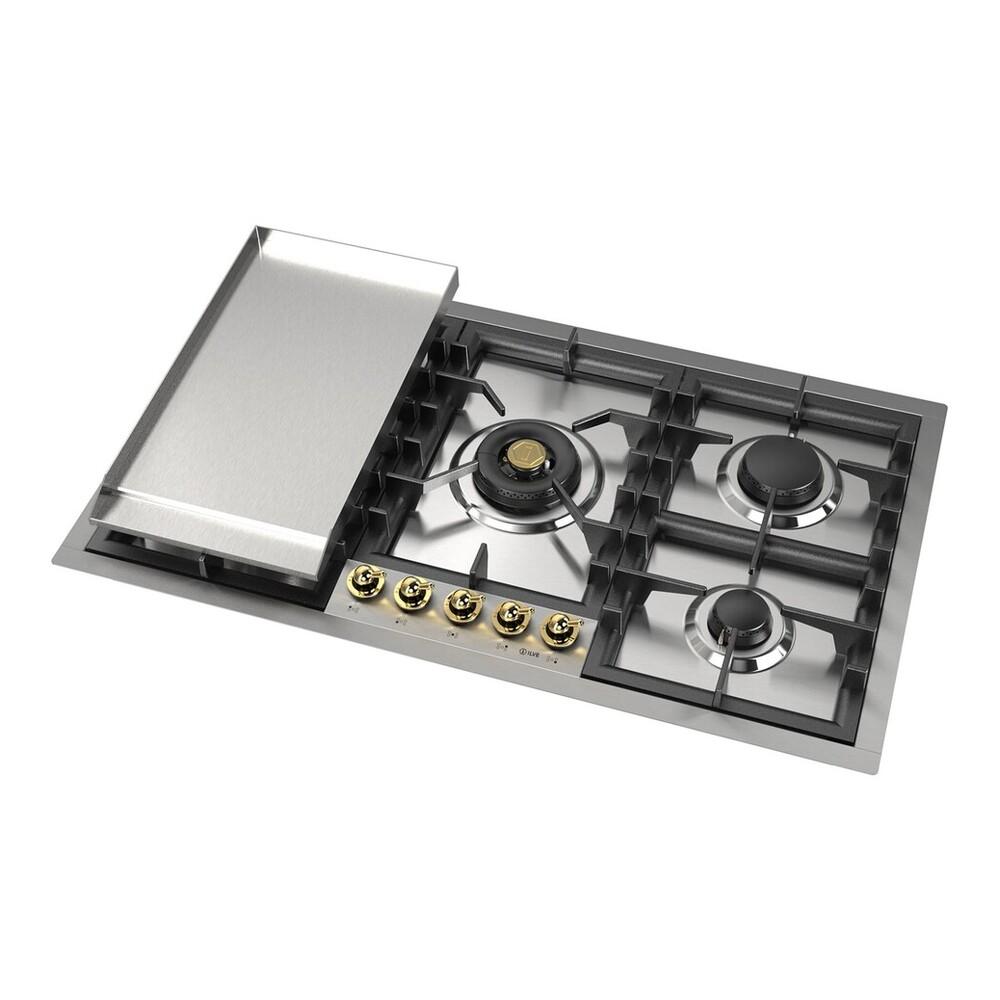 Ilve UHCPT95FNSSGLP Ilve Uhcpt95Fnssglp Nostalgie Ii 36 Inch Built-In Gas Cooktop With Total Black Brass Burners, In Stainless Steel (5 Sealed Burners + Griddle, Liquid Propane, Brass)