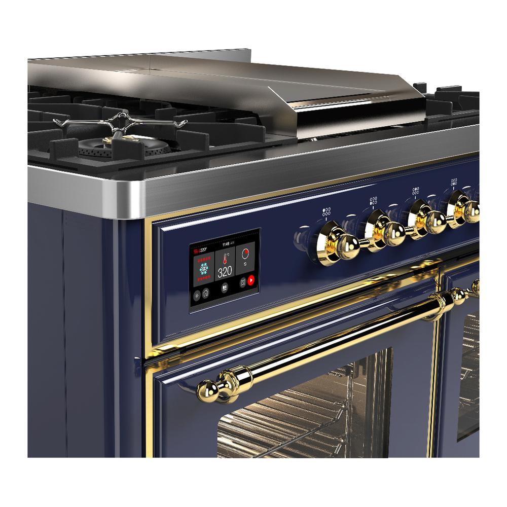 Ilve UMD40FNR3MBG Ilve Umd40Fnr3Mbg Majestic Iii 40 Inch Dual Fuel Range With 6 Burners And Griddle, Dual Function Burner Up To 25,000 Btu (Natural Gas, Triple Glass Door, Midnight Blue, Brass)