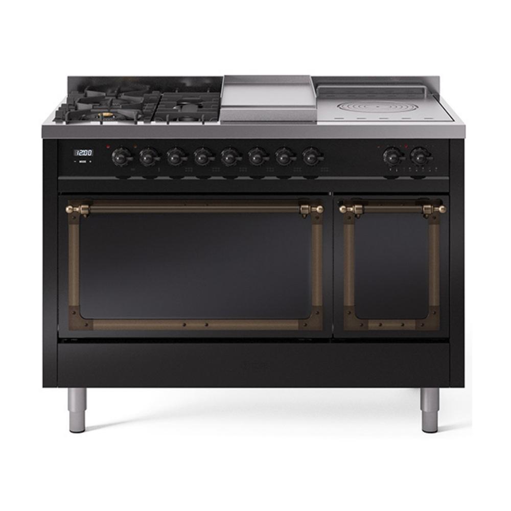 Ilve UN48FSQNMPBKBLP Ilve Un48Fsqnmpbkblp Nostalgie Ii Noblesse 48" Dual Fuel Range (5 Sealed Burners + Griddle + French Top, Liquid Propane, Solid Door, Glossy Black, Burnished)