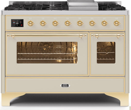Ilve UM12FDNS3AWGLP Majestic Ii 48 Inch Dual Fuel Liquid Propane Freestanding Range In Antique White With Brass Trim