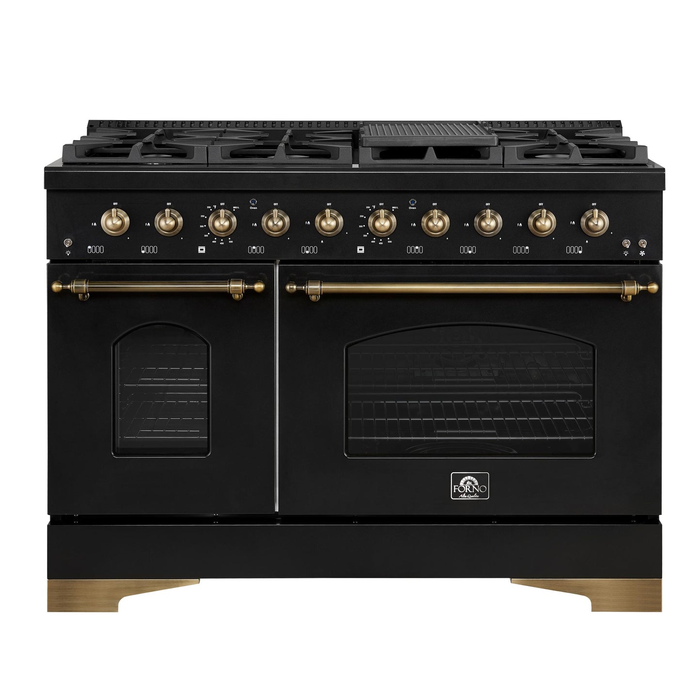Forno FFSGS611348BLK Forno Antico 48-Inch Dual Fuel Range, Black With Antique Brass Finish, 8 Burners, 94,000 Btu, 5.5 Cu.Ft. Double Ovens & Griddle