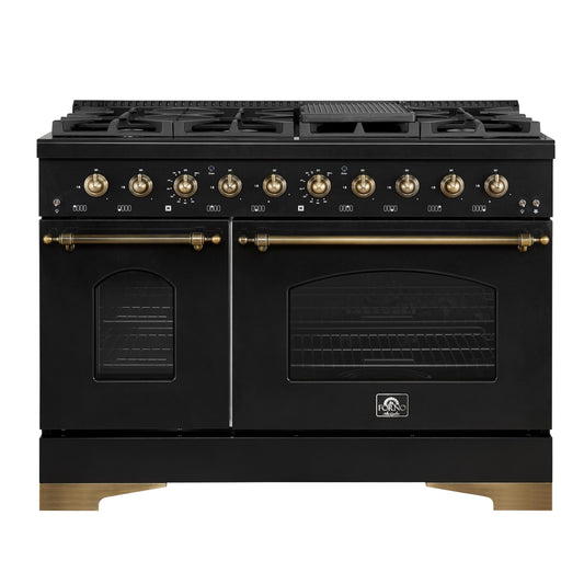 Forno FFSGS611348BLK Forno Antico 48-Inch Dual Fuel Range, Black With Antique Brass Finish, 8 Burners, 94,000 Btu, 5.5 Cu.Ft. Double Ovens & Griddle