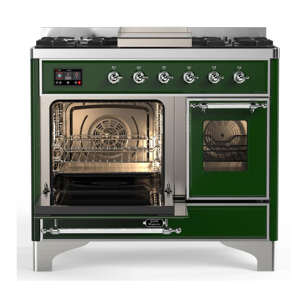 Ilve UMD40FNR3EGCLP Ilve Umd40Fnr3Egclp Majestic Iii 40 Inch Dual Fuel Range With 6 Burners And Griddle, Dual Function Burner Up To 25,000 Btu (Liquid Propane, Triple Glass Door, Emerald Green, Chrome)