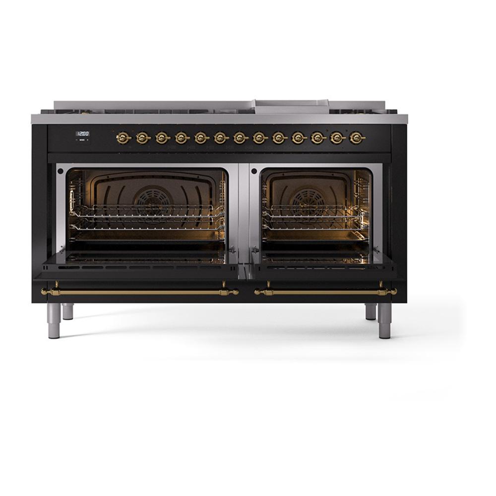 Ilve UN60FNMPBKG Ilve Un60Fnmpbkg Nostalgie Ii Noblesse 60" Dual Fuel Range (9 Sealed Burners + Griddle, Natural Gas, Triple Glass Door, Glossy Black, Brass)
