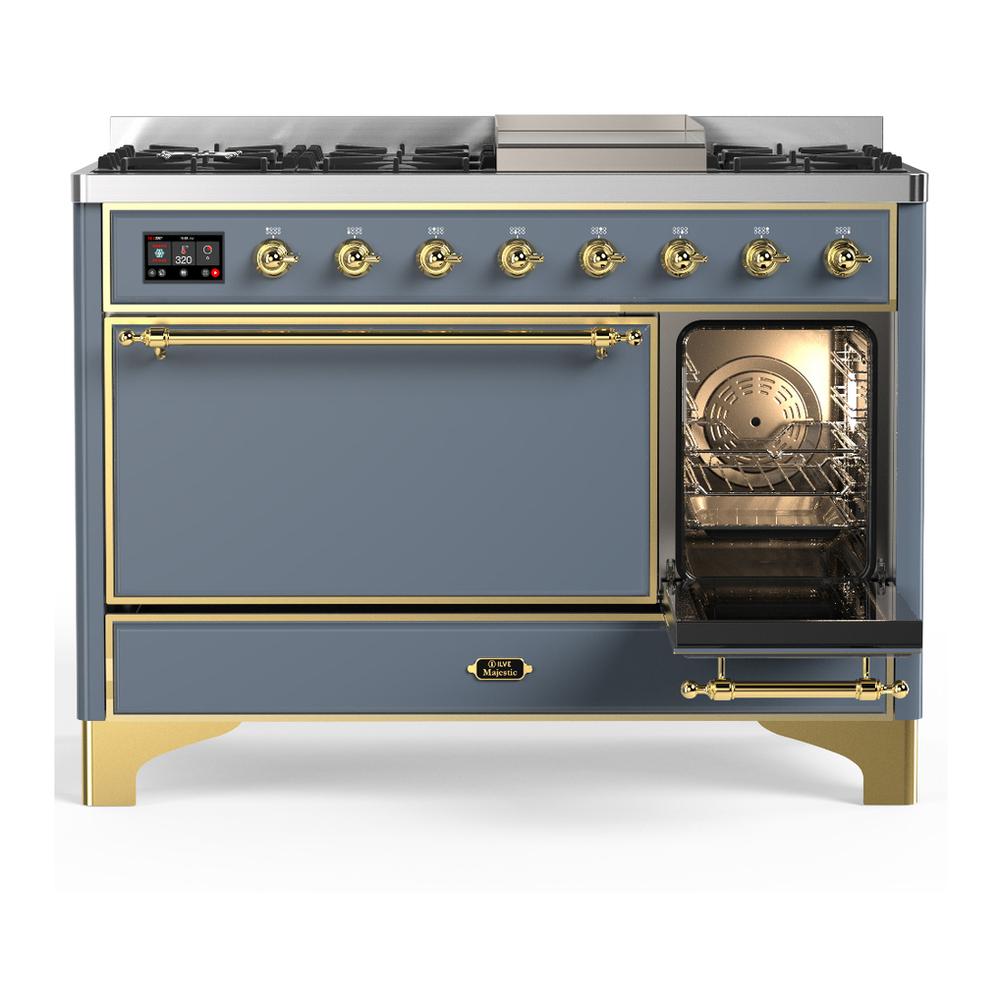 Ilve UM48FQNR3BGG Ilve Um48Fqnr3Bgg Majestic Iii 48 Inch Dual Fuel Range With 8 Burners And Griddle, Dual Function Burner Up To 25,000 Btu (Natural Gas, Solid Door, Blue Grey, Brass)
