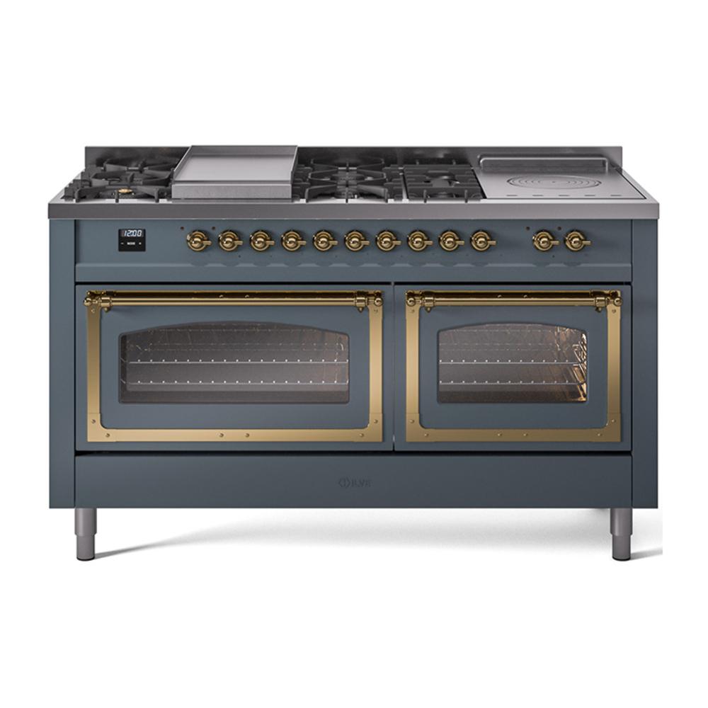 Ilve UN60FSNMPBGG Ilve Un60Fsnmpbgg Nostalgie Ii Noblesse 60" Dual Fuel Range (7 Sealed Burners + Griddle + French Top, Natural Gas, Triple Glass Door, Blue Grey, Brass)