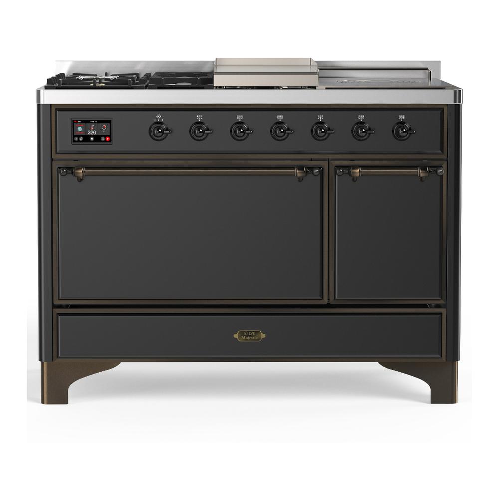 Ilve UM48FSQNR3MGB Ilve Um48Fsqnr3Mgb Majestic Iii 48 Inch Dual Fuel Range With 5 Black Brass Burners, Griddle And French Top, Dual Function Burner Up To 25,000 Btu (Natural Gas, Solid Door, Graphite Matte, Burnished)