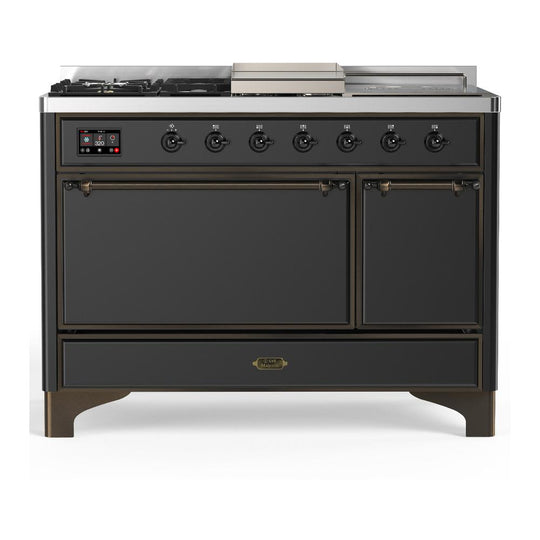 Ilve UM48FSQNR3MGB Ilve Um48Fsqnr3Mgb Majestic Iii 48 Inch Dual Fuel Range With 5 Black Brass Burners, Griddle And French Top, Dual Function Burner Up To 25,000 Btu (Natural Gas, Solid Door, Graphite Matte, Burnished)