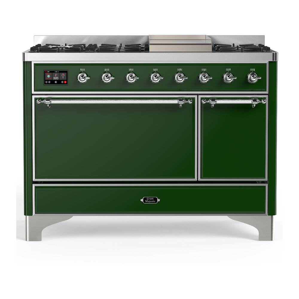 Ilve UM48FQNR3EGC Ilve Um48Fqnr3Egc Majestic Iii 48 Inch Dual Fuel Range With 8 Burners And Griddle, Dual Function Burner Up To 25,000 Btu (Natural Gas, Solid Door, Emerald Green, Chrome)