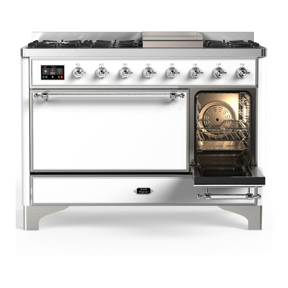 Ilve UM48FQNR3WHC Ilve Um48Fqnr3Whc Majestic Iii 48 Inch Dual Fuel Range With 8 Burners And Griddle, Dual Function Burner Up To 25,000 Btu (Natural Gas, Solid Door, White, Chrome)