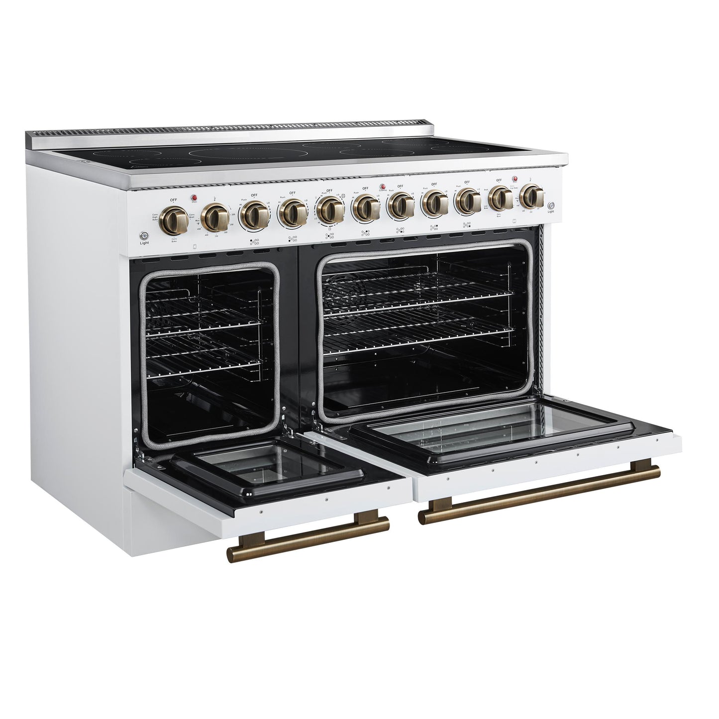Forno FFSEL601148WHT Forno Paolo 48 Inch Freestanding Electric Range In White With Antique Brass, 6.7 Cu.Ft, True Convection Oven, Energy Efficient