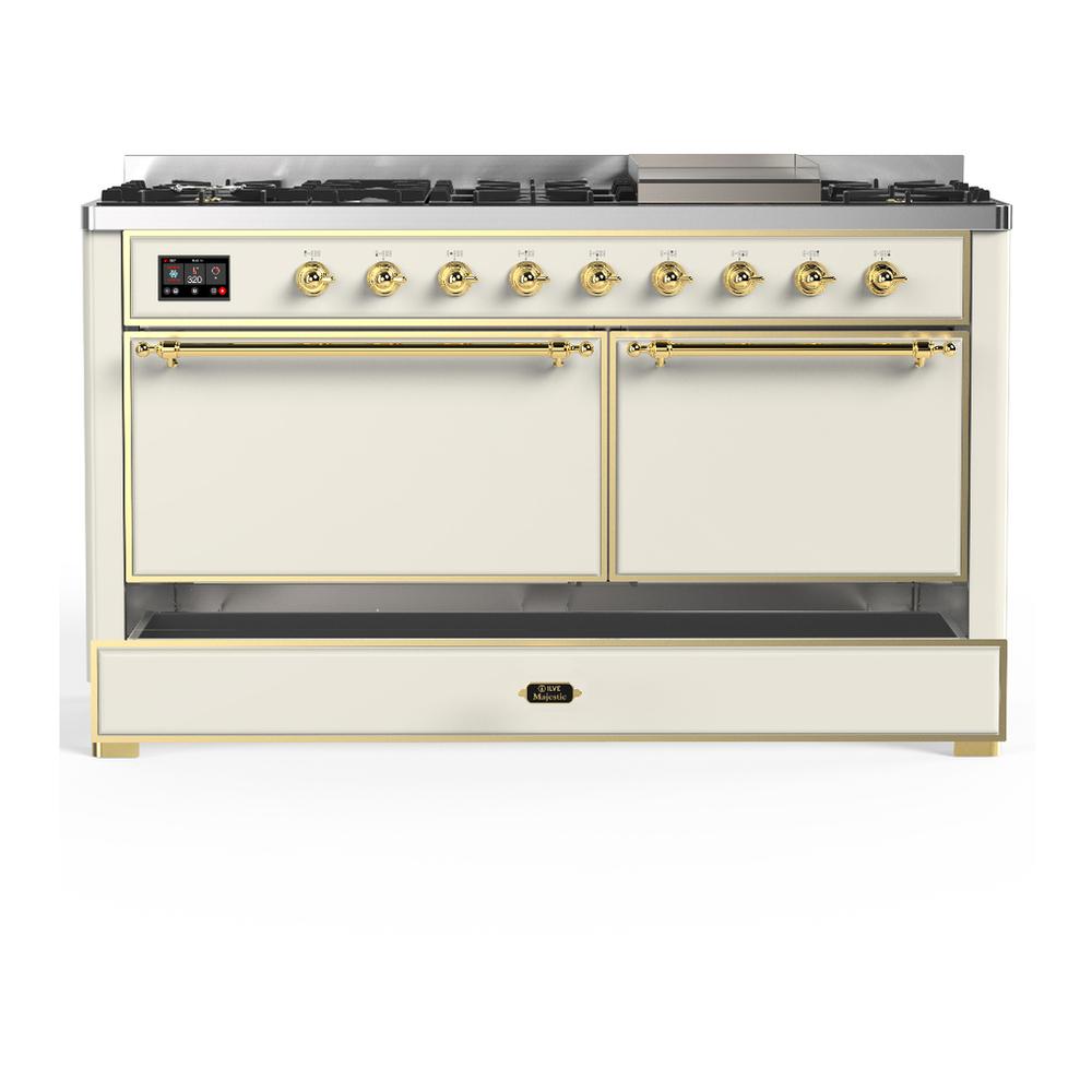 Ilve UM60FQNR3AWGLP Ilve Um60Fqnr3Awglp Majestic Iii 60 Inch Dual Fuel Range With 9 Burners And Griddle, Dual Function Burner Up To 25,000 Btu (Liquid Propane, Solid Door, Antique White, Brass)