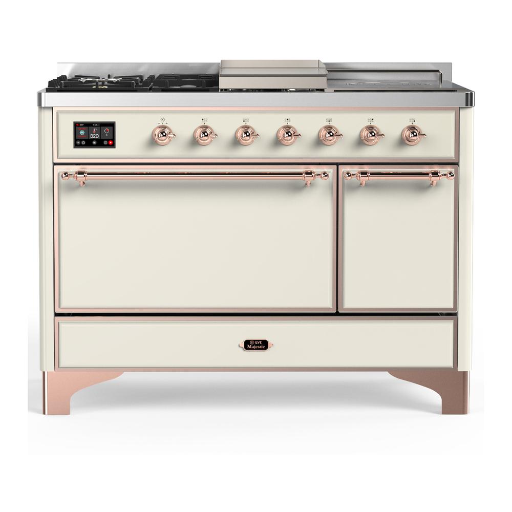 Ilve UM48FSQNR3AWPLP Ilve Um48Fsqnr3Awplp Majestic Iii 48 Inch Dual Fuel Range With 5 Black Brass Burners, Griddle And French Top, Dual Function Burner Up To 25,000 Btu (Liquid Propane, Solid Door, Antique White, Copper)