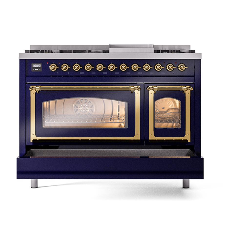 Ilve UN48FNMPMBGLP Ilve Un48Fnmpmbglp Nostalgie Ii Noblesse 48" Dual Fuel Range (8 Sealed Burners + Griddle, Liquid Propane, Triple Glass Door, Midnight Blue, Brass)