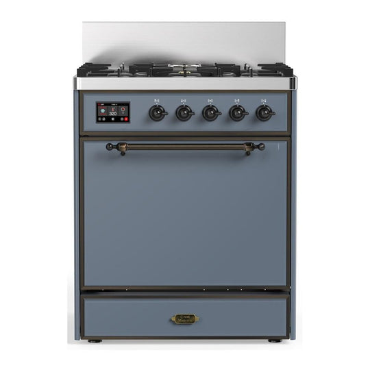 Ilve UM30QNR3BGBLP Ilve Um30Qnr3Bgblp Majestic Iii 30 Inch Dual Fuel Range With 5 Black Brass Burners, Dual Function Burner Up To 25,000 Btu (Liquid Propane, Solid Door, Blue Grey, Burnished)