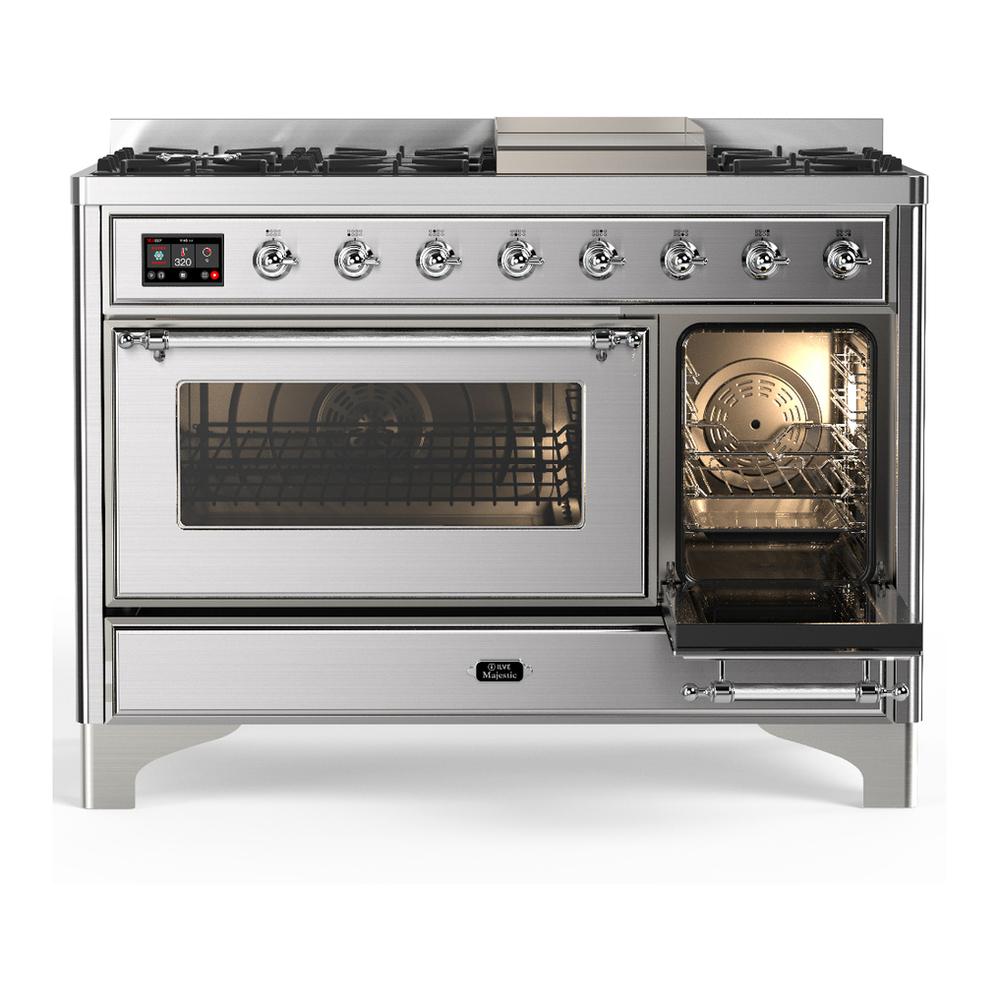 Ilve UM48FNR3SSCLP Ilve Um48Fnr3Ssclp Majestic Iii 48 Inch Dual Fuel Range With 8 Burners And Griddle, Dual Function Burner Up To 25,000 Btu (Liquid Propane, Triple Glass Door, Stainless Steel, Chrome)