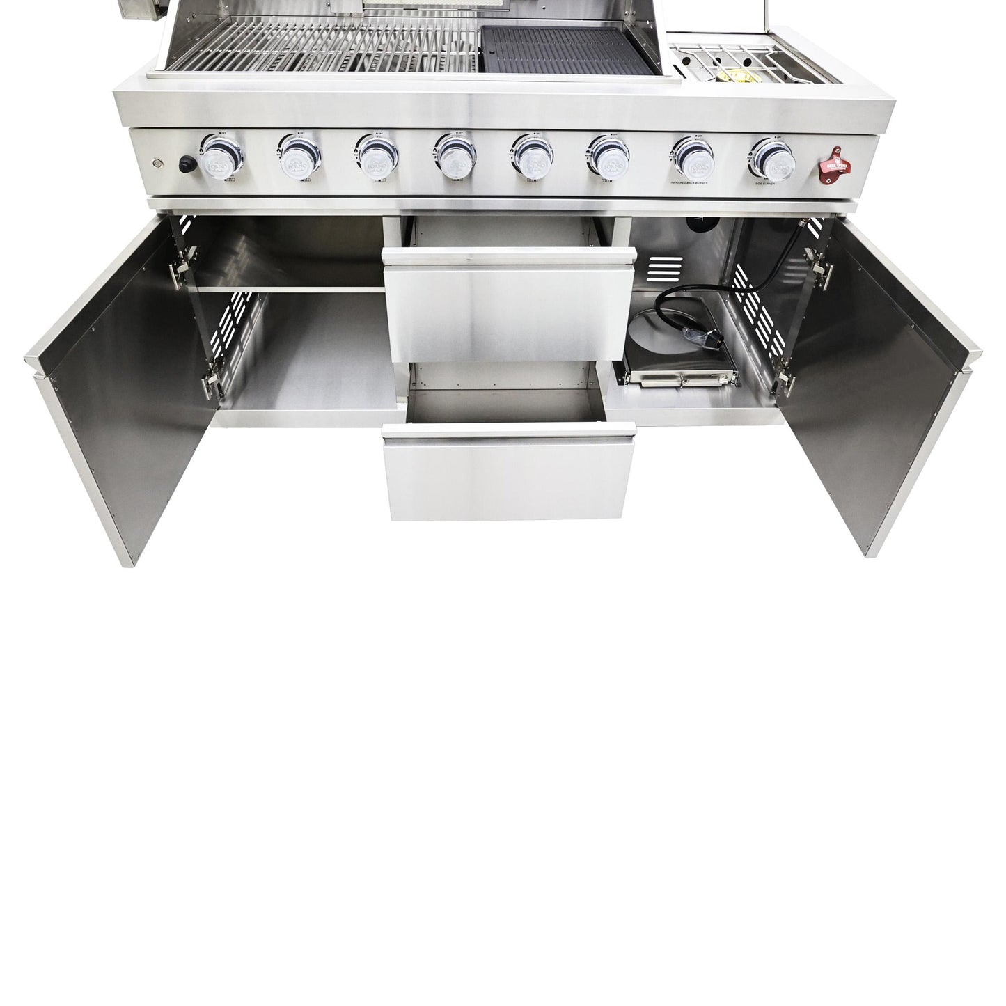 Forno FODKT2520WHT Forno Bulnes 40-Inch Bbq, 95,000 Btu, 5 Burners, Sear & Rotisserie Infrared With Side Burner, Stainless Steel Outdoor Kitchen With 1.8 Cu.Ft. Beverage Center & White Sintered Stone Countertops