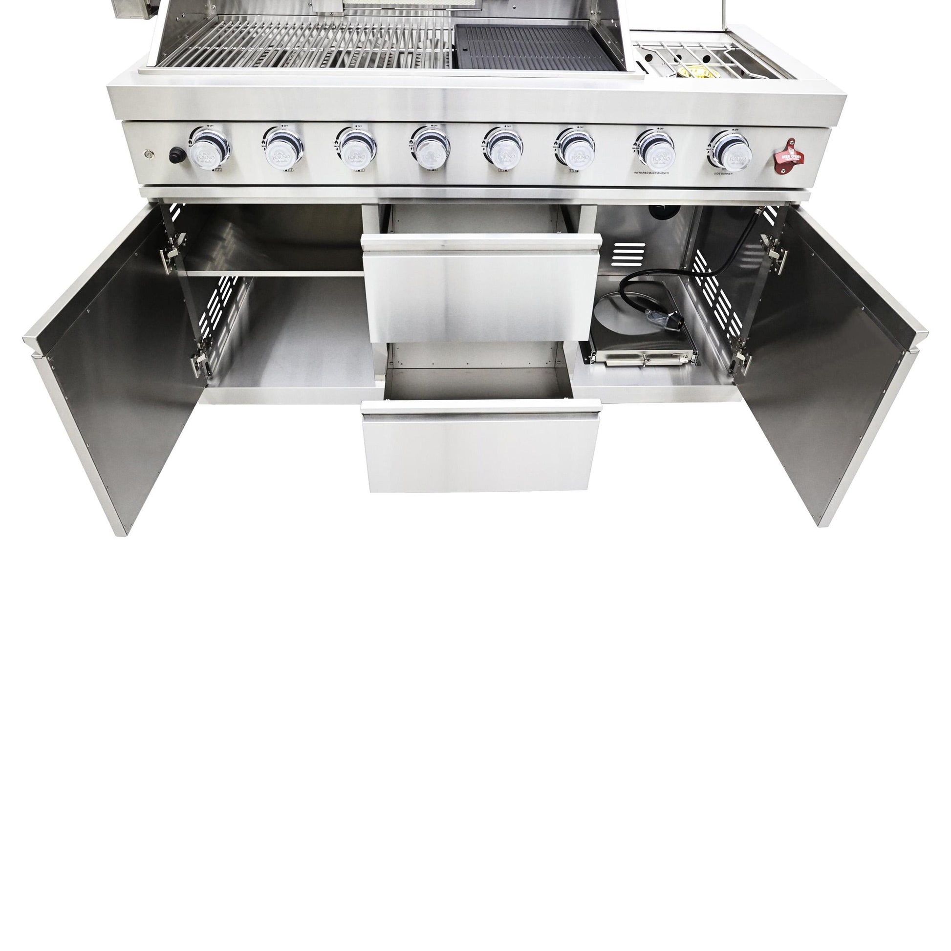 Forno FODKT2520WHT Forno Bulnes 40-Inch Bbq, 95,000 Btu, 5 Burners, Sear & Rotisserie Infrared With Side Burner, Stainless Steel Outdoor Kitchen With 1.8 Cu.Ft. Beverage Center & White Sintered Stone Countertops