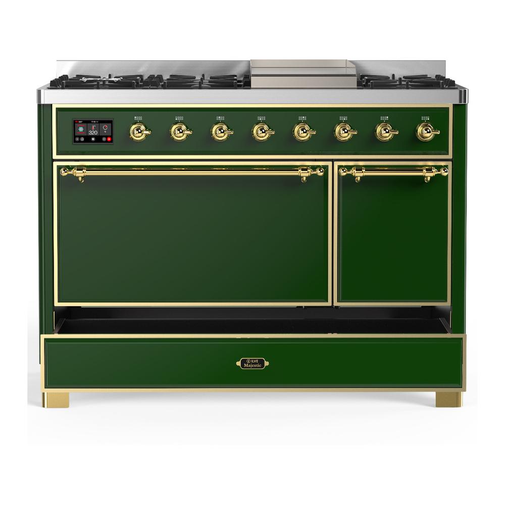 Ilve UM48FQNR3EGGLP Ilve Um48Fqnr3Egglp Majestic Iii 48 Inch Dual Fuel Range With 8 Burners And Griddle, Dual Function Burner Up To 25,000 Btu (Liquid Propane, Solid Door, Emerald Green, Brass)