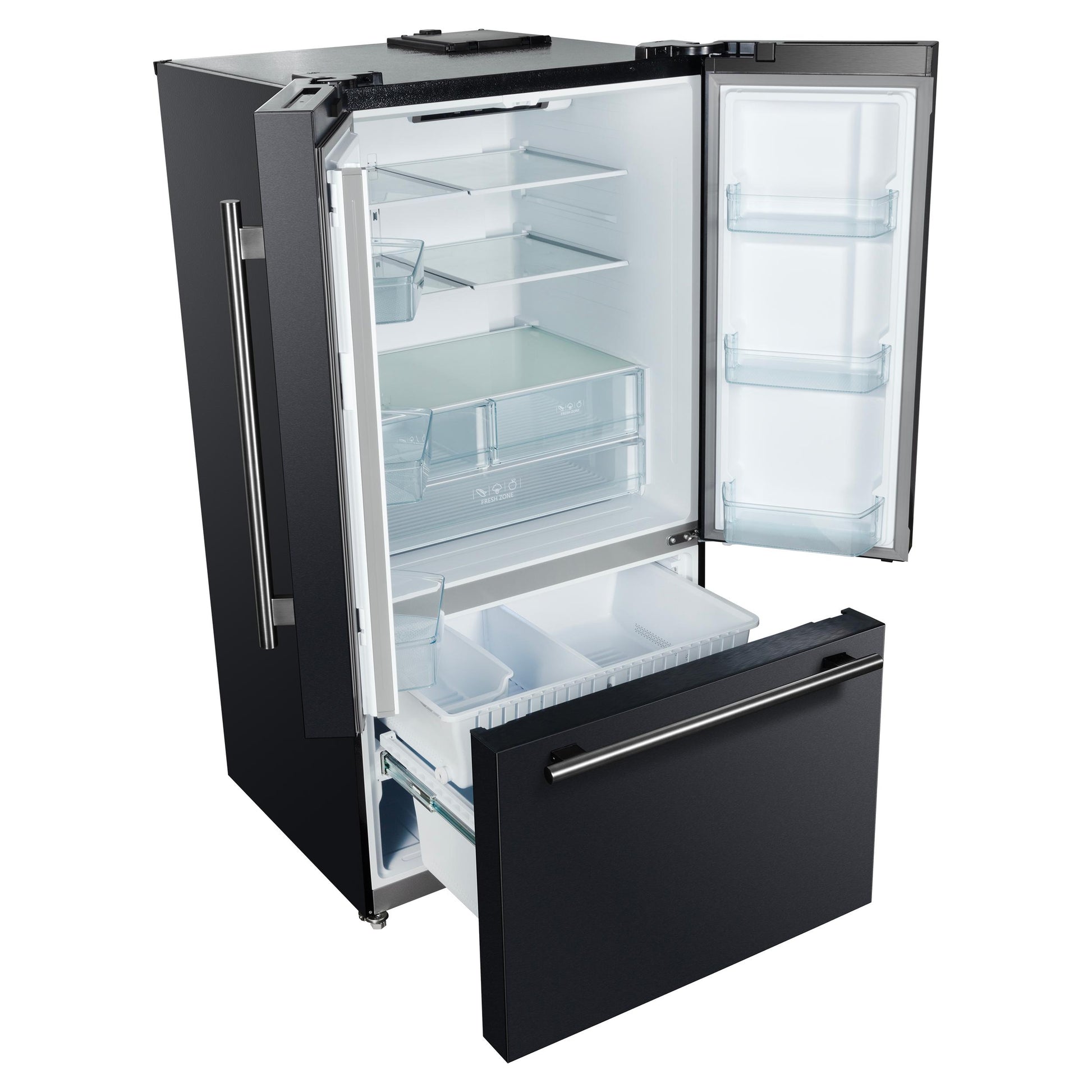 Forno FFFFD178336BLK Forno Rivello 36 Inch French Door Refrigerator In Black With Antique Brass, Internal Water Dispenser, Filtered Ice, Adjustable Shelves, Energy Star Certified