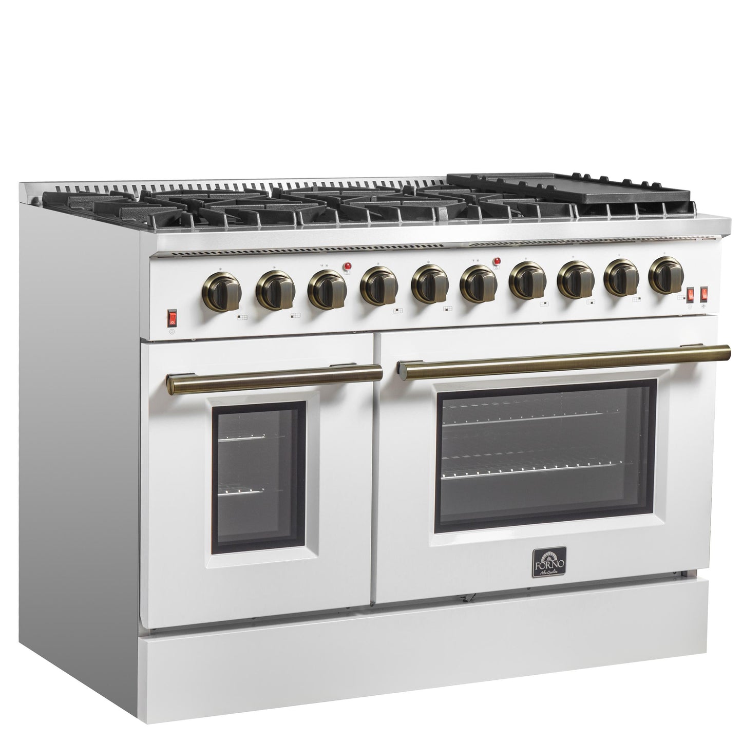 Forno FFSGS624448WHT Forno Galiano 48-Inch Gas Range White & Antique Brass Design, 8 Burners, 107,000 Btu, Griddle, 6.58 Cu.Ft. Double Ovens