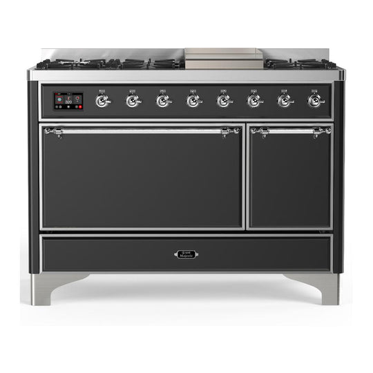 Ilve UM48FQNR3MGCLP Ilve Um48Fqnr3Mgclp Majestic Iii 48 Inch Dual Fuel Range With 8 Burners And Griddle, Dual Function Burner Up To 25,000 Btu (Liquid Propane, Solid Door, Graphite Matte, Chrome)