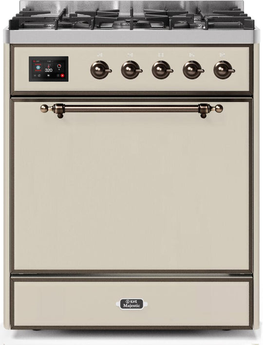 Ilve UM30DQNE3AWBLP Majestic Ii 30 Inch Dual Fuel Liquid Propane Freestanding Range In Antique White With Bronze Trim