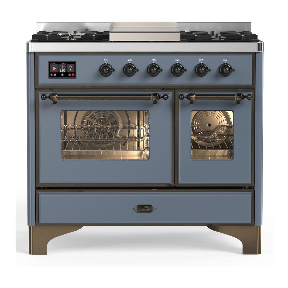Ilve UMD40FNR3BGBLP Ilve Umd40Fnr3Bgblp Majestic Iii 40 Inch Dual Fuel Range With 6 Burners And Griddle, Dual Function Burner Up To 25,000 Btu (Liquid Propane, Triple Glass Door, Blue Grey, Burnished)